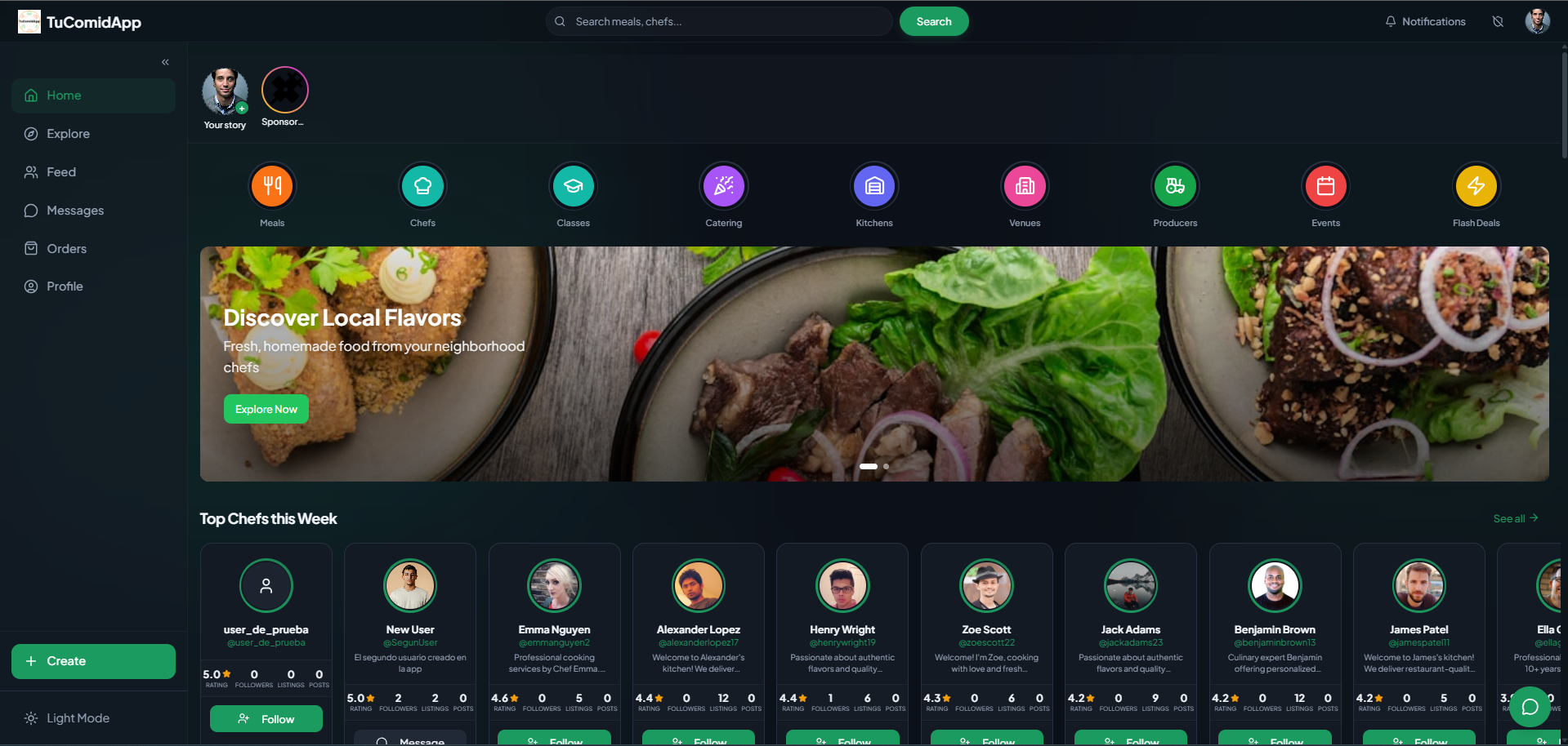 TuComidApp home discovery view
