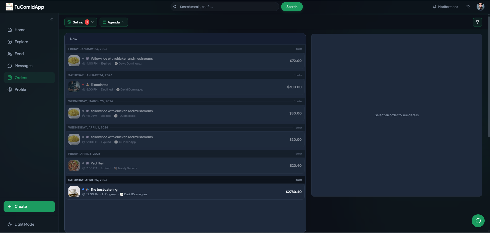 TuComidApp seller orders list