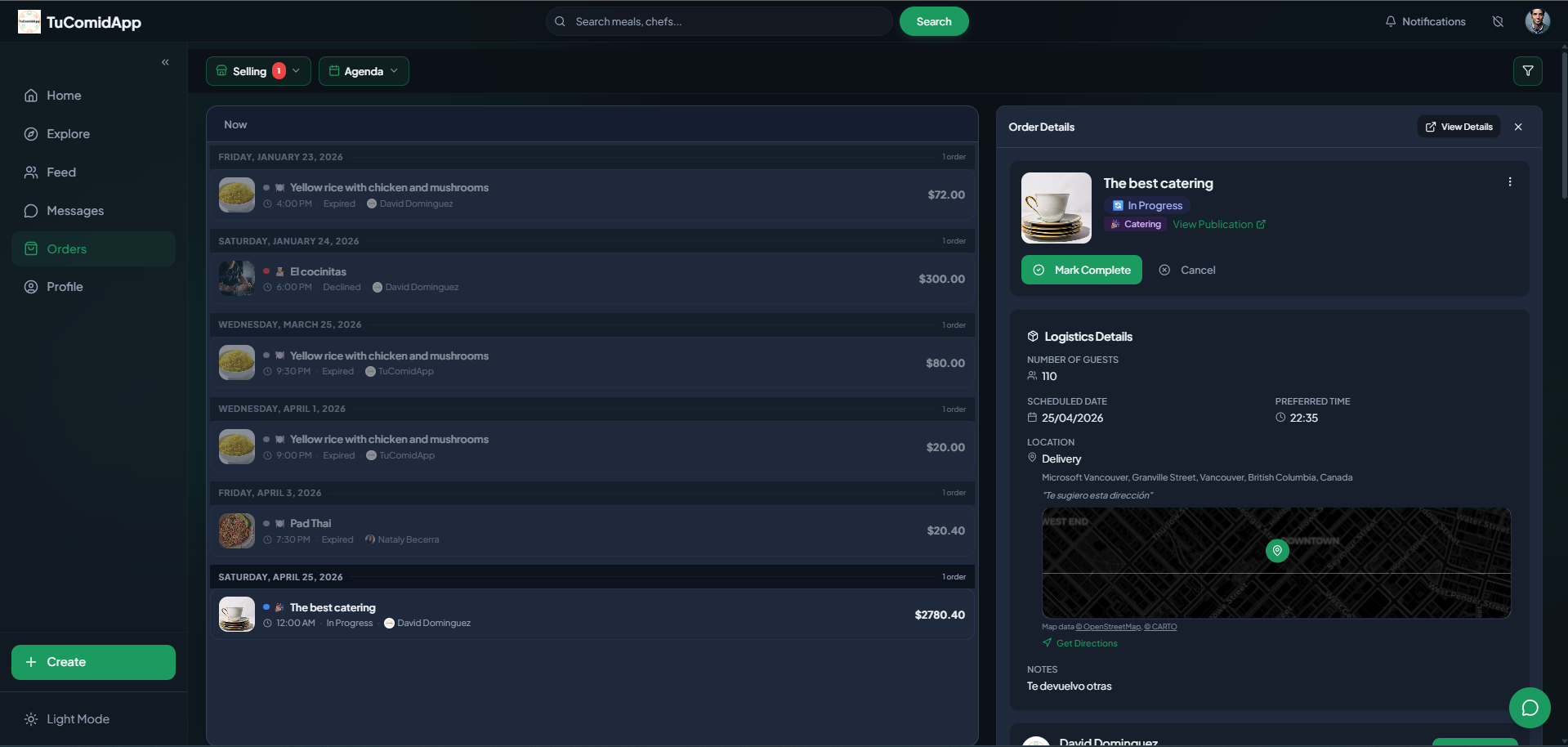 TuComidApp order details logistics view