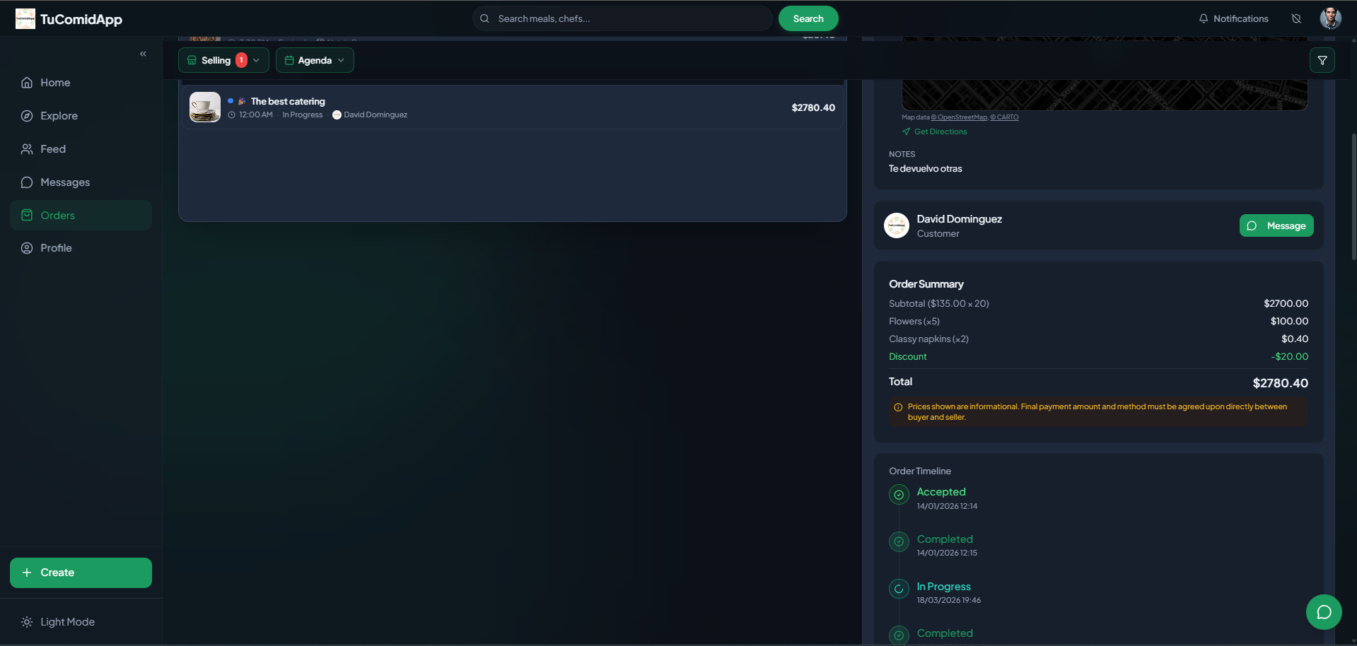 TuComidApp order summary and message call to action