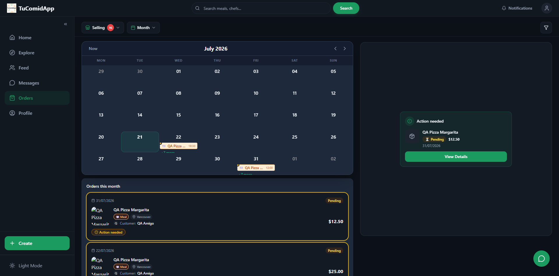 TuComidApp orders calendar